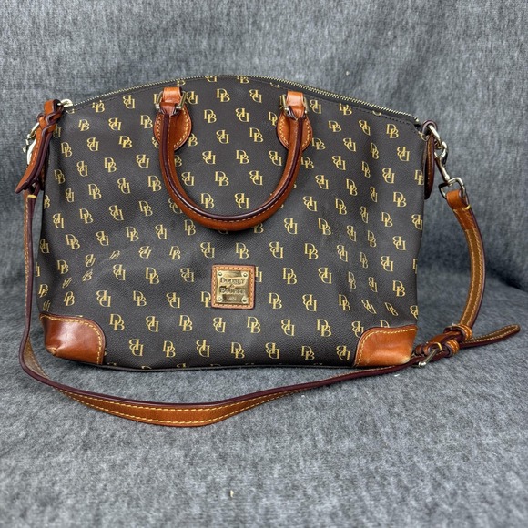 Dooney & Bourke Handbags - Dooney‎ & Bourke Satchel Crossbody Bag Womens Medium Brown DB Canvas Red Lining